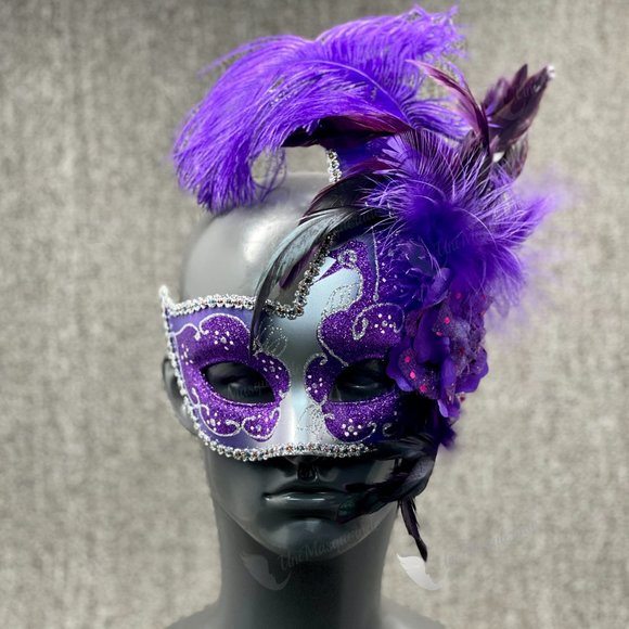 Swan Colombina Purple Side Feather Silver Masquerade Mask - Picture 3 of 3